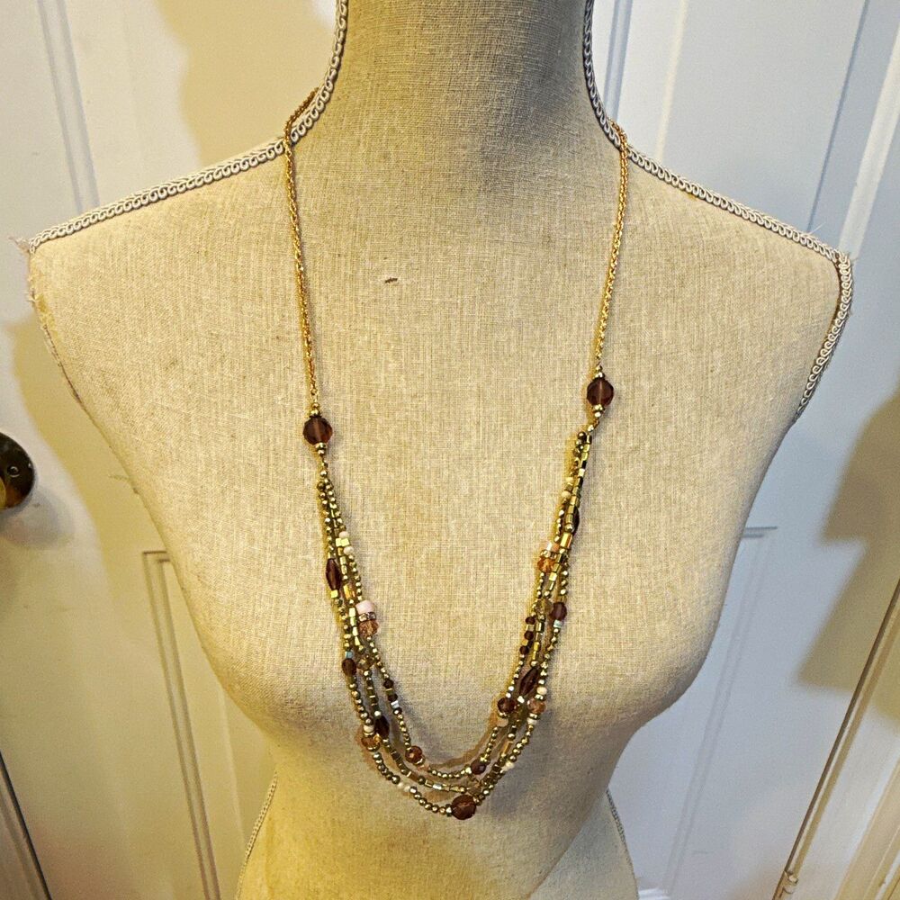 LOFT Gold Tone Layered Multi-Strand purple Round Crystal Bead Necklace 32in